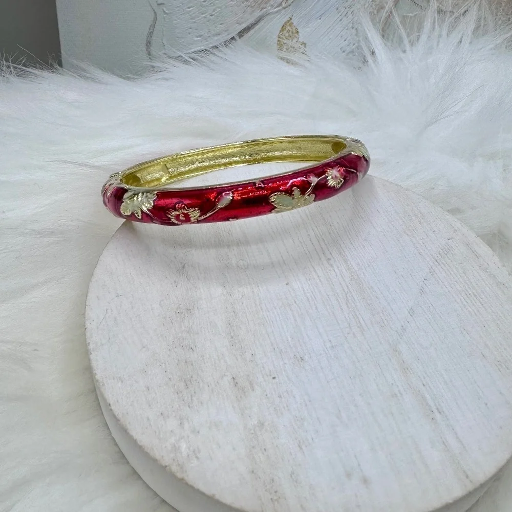 Red Flower Enamel Cloisonne Bracelet Bangle